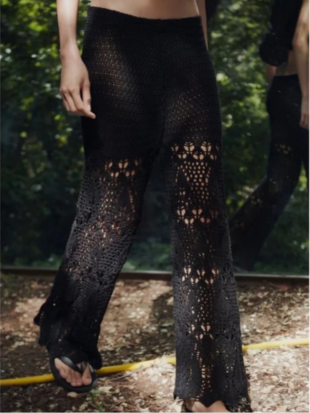 Zara Black Crochet Wide-Leg Pants NWT